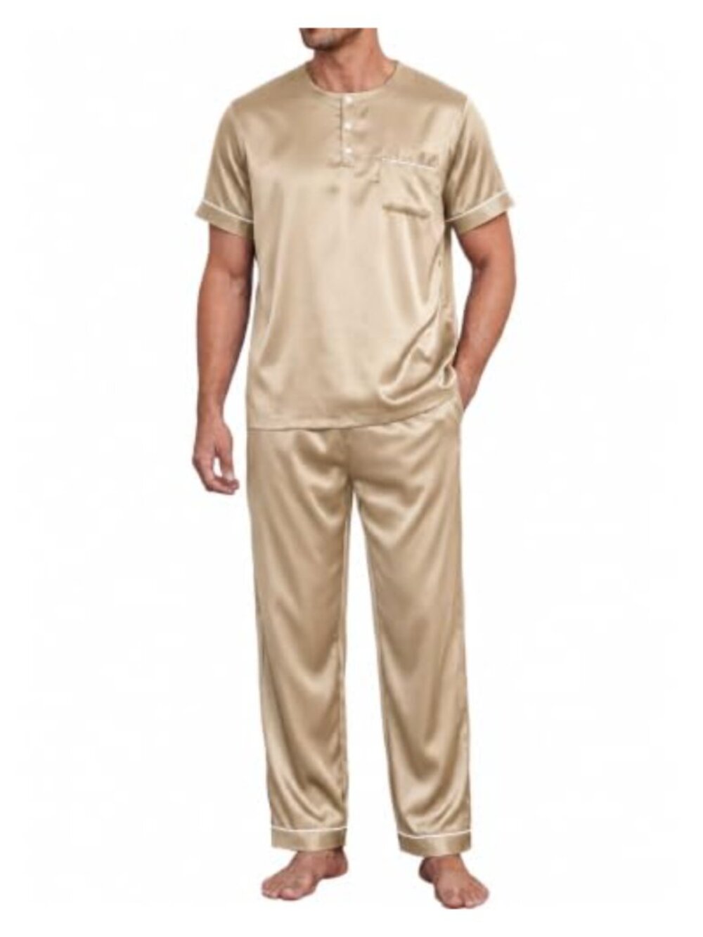 Men's Satin Pajama Set Short Sleeve Button Up Sleepwear with Pants